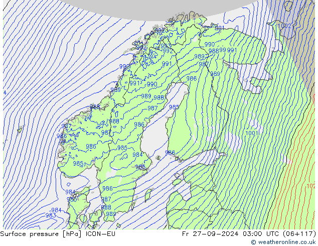 Atmosférický tlak ICON-EU Pá 27.09.2024 03 UTC