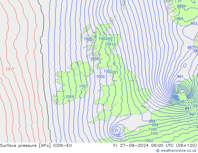 Luchtdruk (Grond) ICON-EU vr 27.09.2024 06 UTC