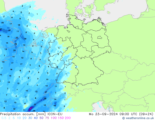 Totale neerslag ICON-EU ma 23.09.2024 09 UTC