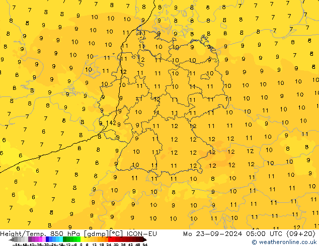 Geop./Temp. 850 hPa ICON-EU lun 23.09.2024 05 UTC