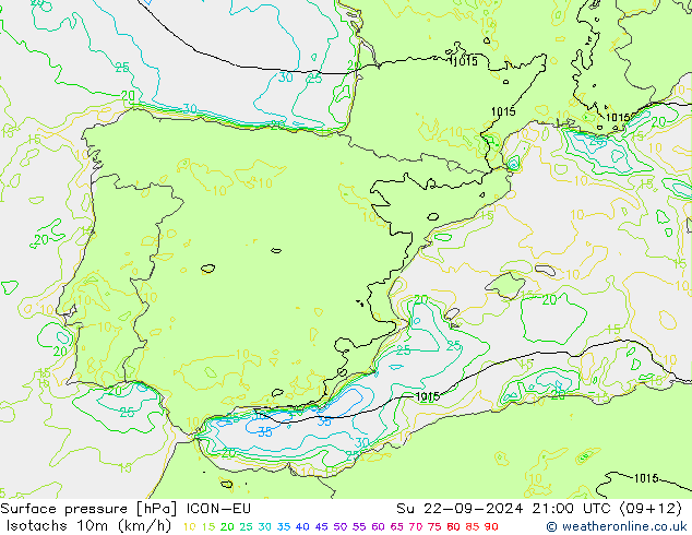 Isotachen (km/h) ICON-EU zo 22.09.2024 21 UTC