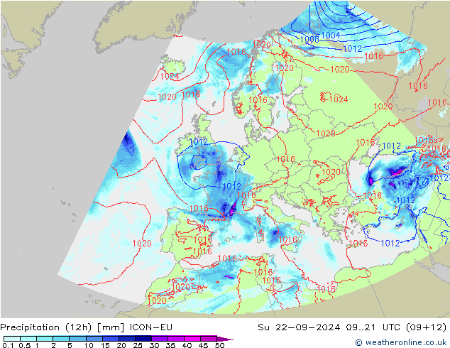 Precipitación (12h) ICON-EU dom 22.09.2024 21 UTC