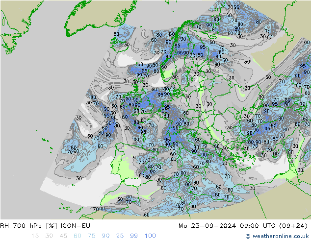 RH 700 hPa ICON-EU 星期一 23.09.2024 09 UTC