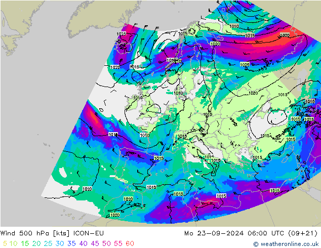 Vento 500 hPa ICON-EU lun 23.09.2024 06 UTC