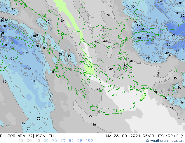 RH 700 hPa ICON-EU Seg 23.09.2024 06 UTC