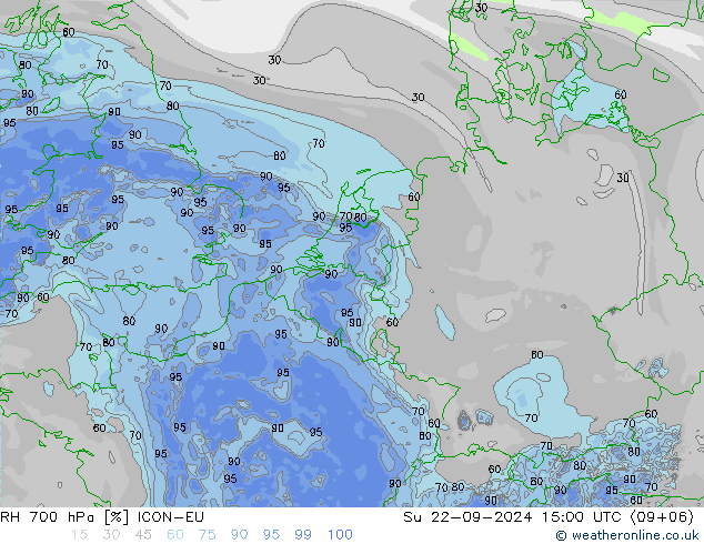 RH 700 hPa ICON-EU 星期日 22.09.2024 15 UTC