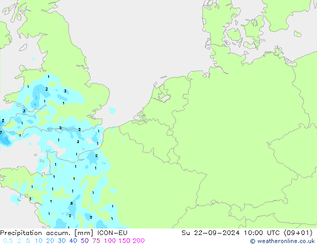 Precipitation accum. ICON-EU 星期日 22.09.2024 10 UTC