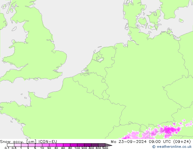 Snow accu. ICON-EU lun 23.09.2024 09 UTC