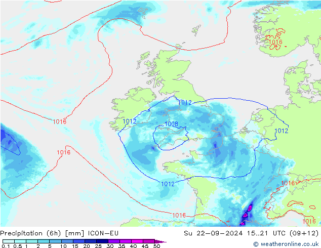 Precipitação (6h) ICON-EU Dom 22.09.2024 21 UTC