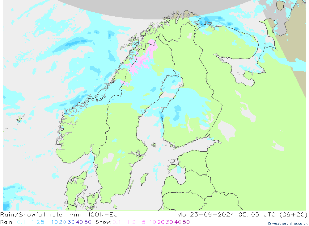 Rain/Snowfall rate ICON-EU 星期一 23.09.2024 05 UTC