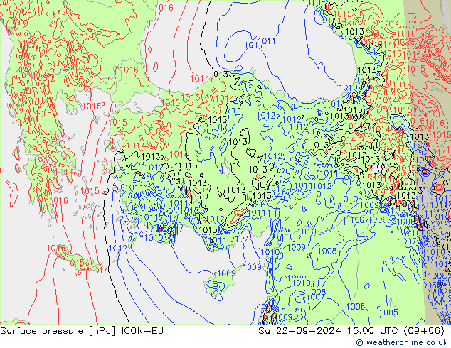 Surface pressure ICON-EU Su 22.09.2024 15 UTC