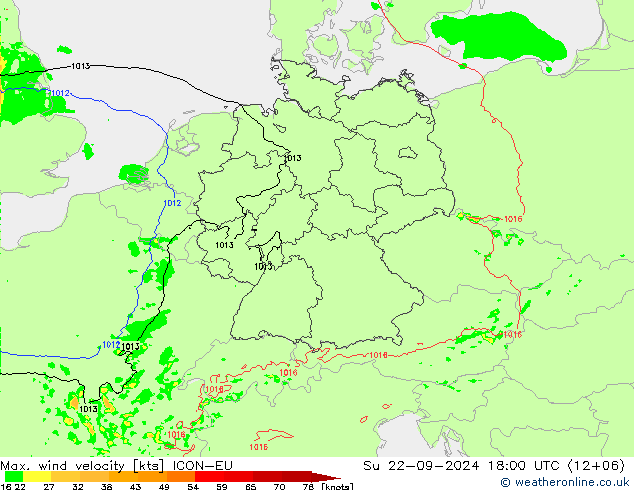 Max. wind velocity ICON-EU Su 22.09.2024 18 UTC