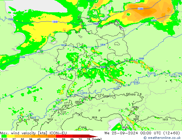 Max. wind velocity ICON-EU We 25.09.2024 00 UTC