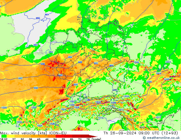 Max. wind velocity ICON-EU Th 26.09.2024 09 UTC