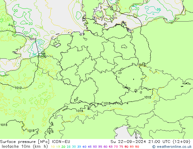 Isotachs (kph) ICON-EU Dom 22.09.2024 21 UTC