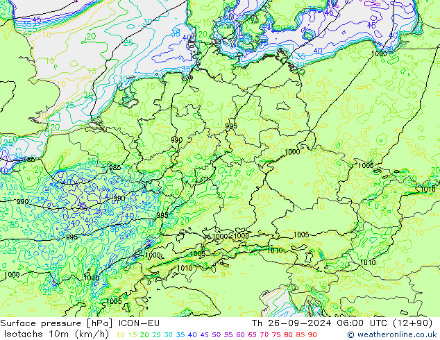 Isotachs (kph) ICON-EU Th 26.09.2024 06 UTC