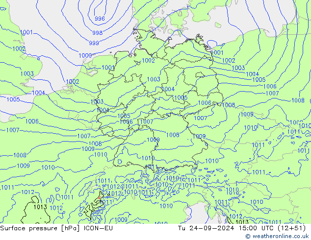 Surface pressure ICON-EU Tu 24.09.2024 15 UTC