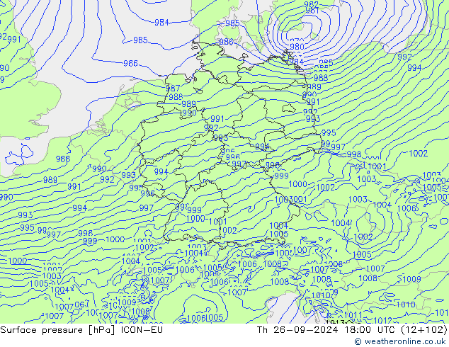 Surface pressure ICON-EU Th 26.09.2024 18 UTC