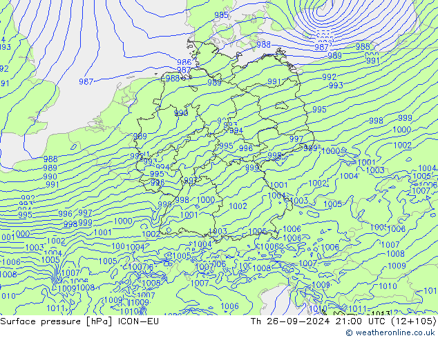 Surface pressure ICON-EU Th 26.09.2024 21 UTC