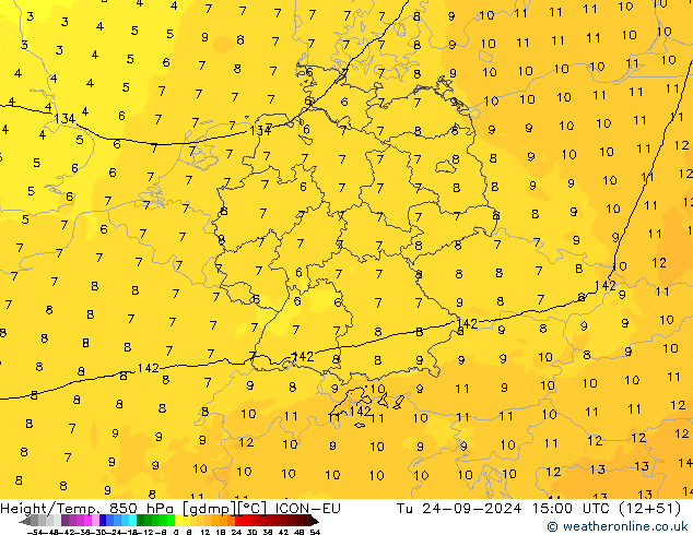 Height/Temp. 850 hPa ICON-EU mar 24.09.2024 15 UTC