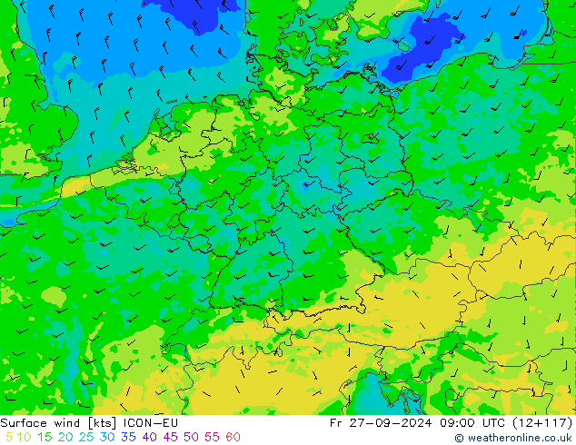 Rüzgar 10 m ICON-EU Cu 27.09.2024 09 UTC