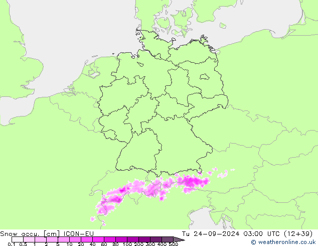 Snow accu. ICON-EU wto. 24.09.2024 03 UTC