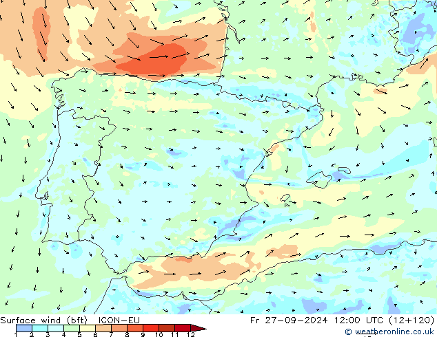 Rüzgar 10 m (bft) ICON-EU Cu 27.09.2024 12 UTC