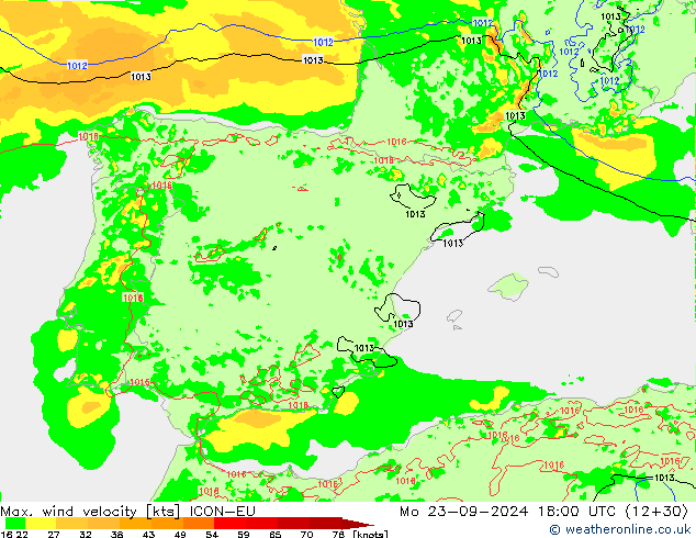 Max. wind snelheid ICON-EU ma 23.09.2024 18 UTC