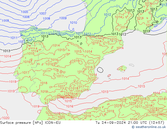 pressão do solo ICON-EU Ter 24.09.2024 21 UTC