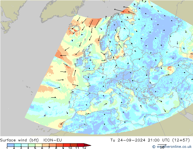 Bodenwind (bft) ICON-EU Di 24.09.2024 21 UTC