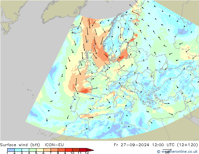 Surface wind (bft) ICON-EU Fr 27.09.2024 12 UTC