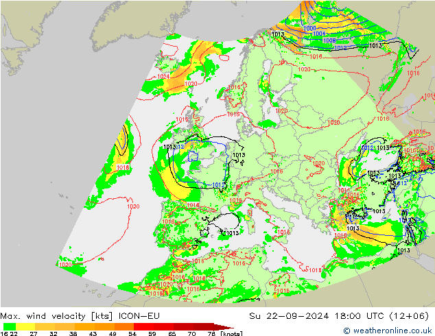 Max. wind velocity ICON-EU 星期日 22.09.2024 18 UTC