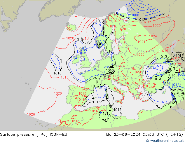 Surface pressure ICON-EU Mo 23.09.2024 03 UTC