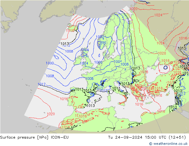 Surface pressure ICON-EU Tu 24.09.2024 15 UTC