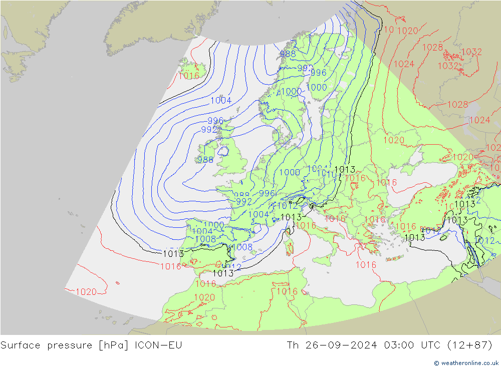 Surface pressure ICON-EU Th 26.09.2024 03 UTC