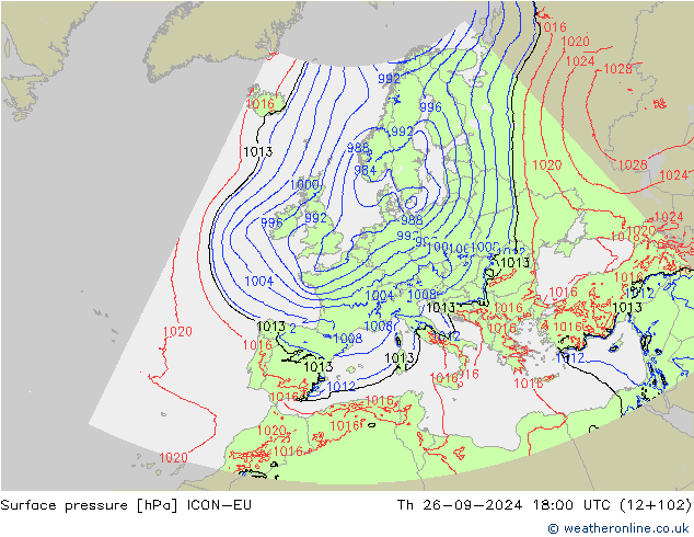 Surface pressure ICON-EU Th 26.09.2024 18 UTC