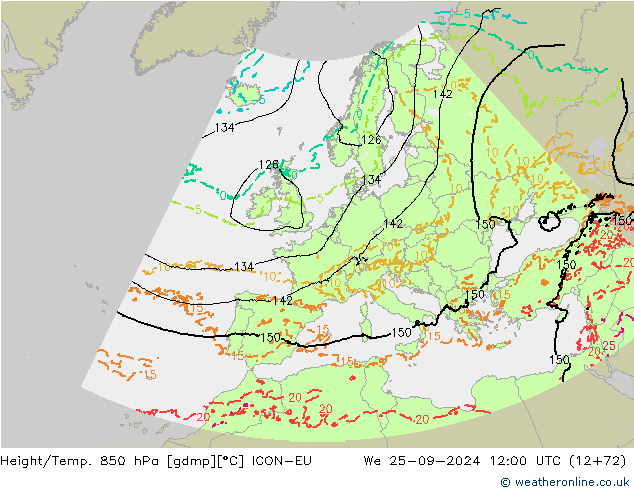 Hoogte/Temp. 850 hPa ICON-EU wo 25.09.2024 12 UTC