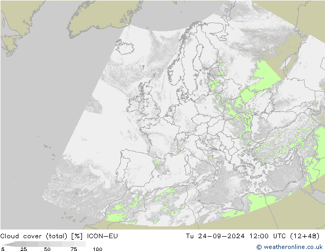 Cloud cover (total) ICON-EU Út 24.09.2024 12 UTC