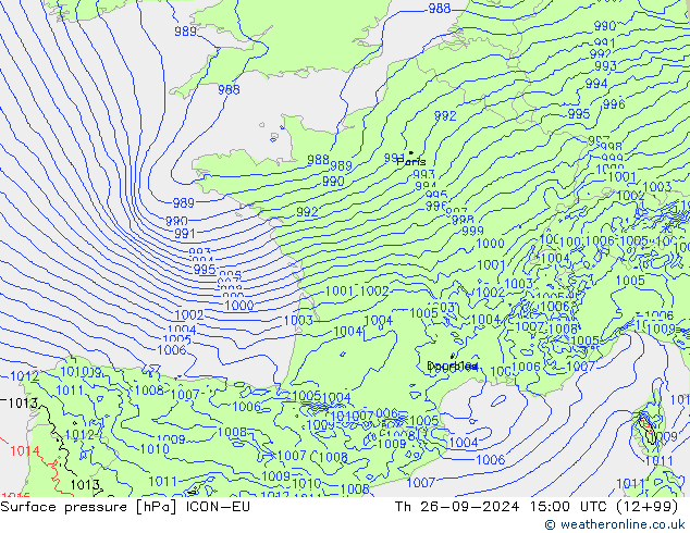 Surface pressure ICON-EU Th 26.09.2024 15 UTC