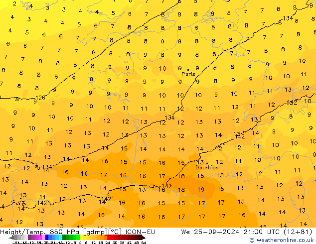 Height/Temp. 850 hPa ICON-EU We 25.09.2024 21 UTC