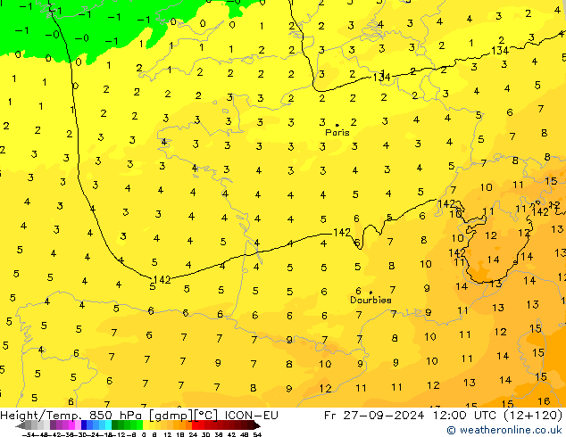 Hoogte/Temp. 850 hPa ICON-EU vr 27.09.2024 12 UTC