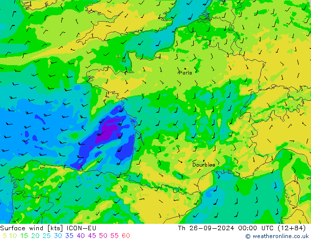 Vent 10 m ICON-EU jeu 26.09.2024 00 UTC