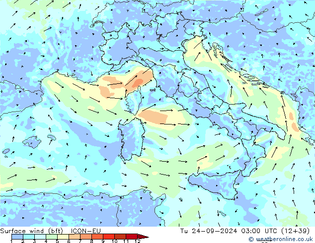 Surface wind (bft) ICON-EU Út 24.09.2024 03 UTC