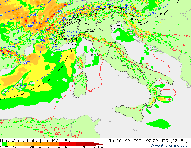 Max. wind velocity ICON-EU Qui 26.09.2024 00 UTC