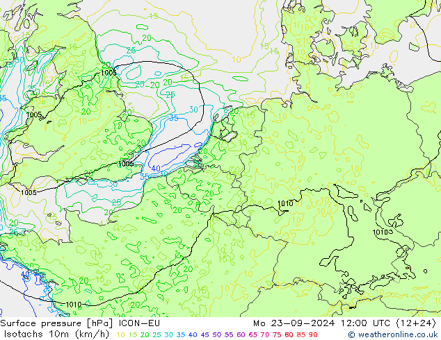 Isotachs (kph) ICON-EU пн 23.09.2024 12 UTC