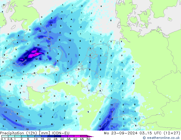 Totale neerslag (12h) ICON-EU ma 23.09.2024 15 UTC