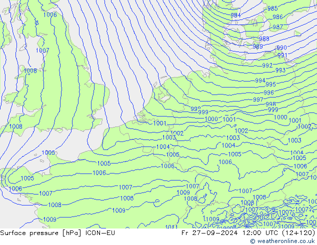 Surface pressure ICON-EU Fr 27.09.2024 12 UTC