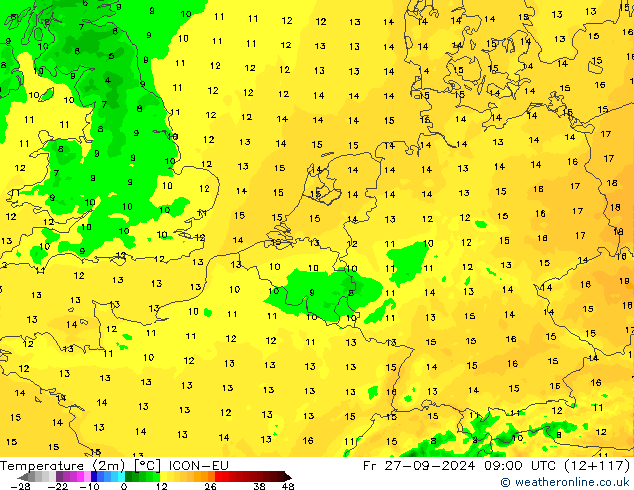 température (2m) ICON-EU ven 27.09.2024 09 UTC