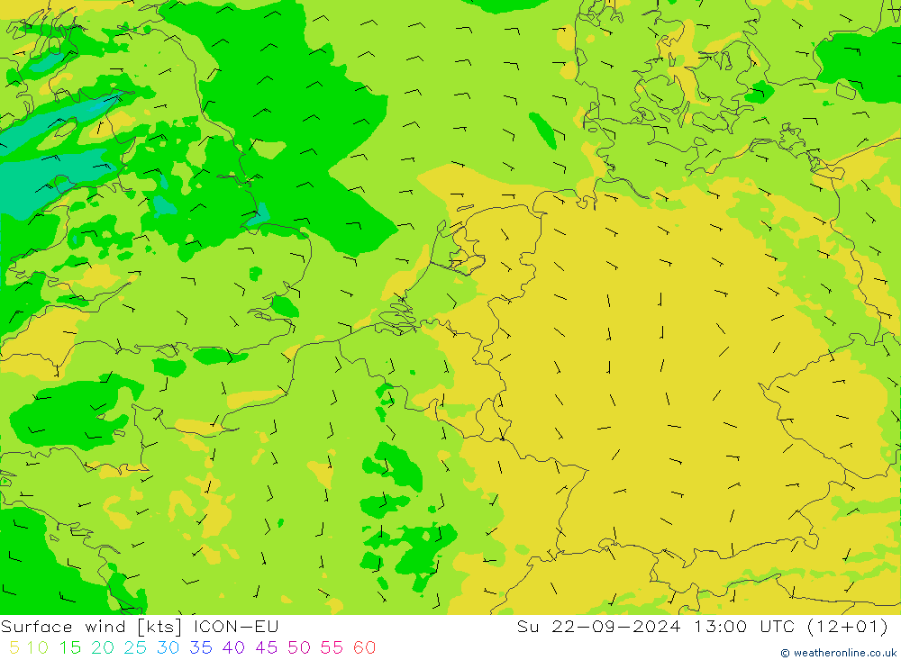 Viento 10 m ICON-EU dom 22.09.2024 13 UTC