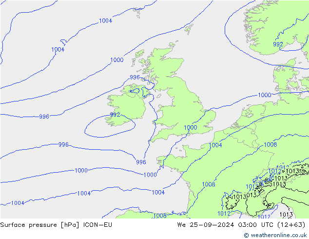 Presión superficial ICON-EU mié 25.09.2024 03 UTC